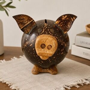 Handmade Coconut Shell Piggy Bank Carved Wood Rustic Tropical Folk Art Decor Pig